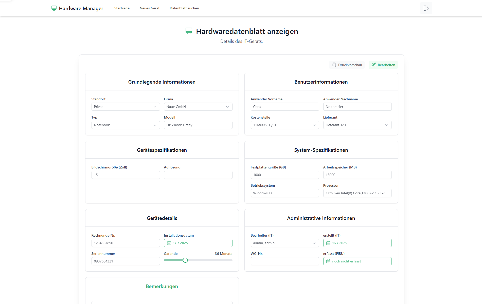 Hardware Management System: Detailansicht eines Hardwaredatenblatts
