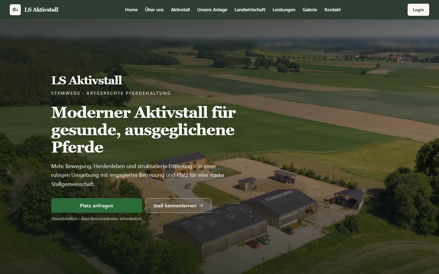 LS Aktivstall: Startseite mit Luftaufnahme, Navigation und Hero-Bereich