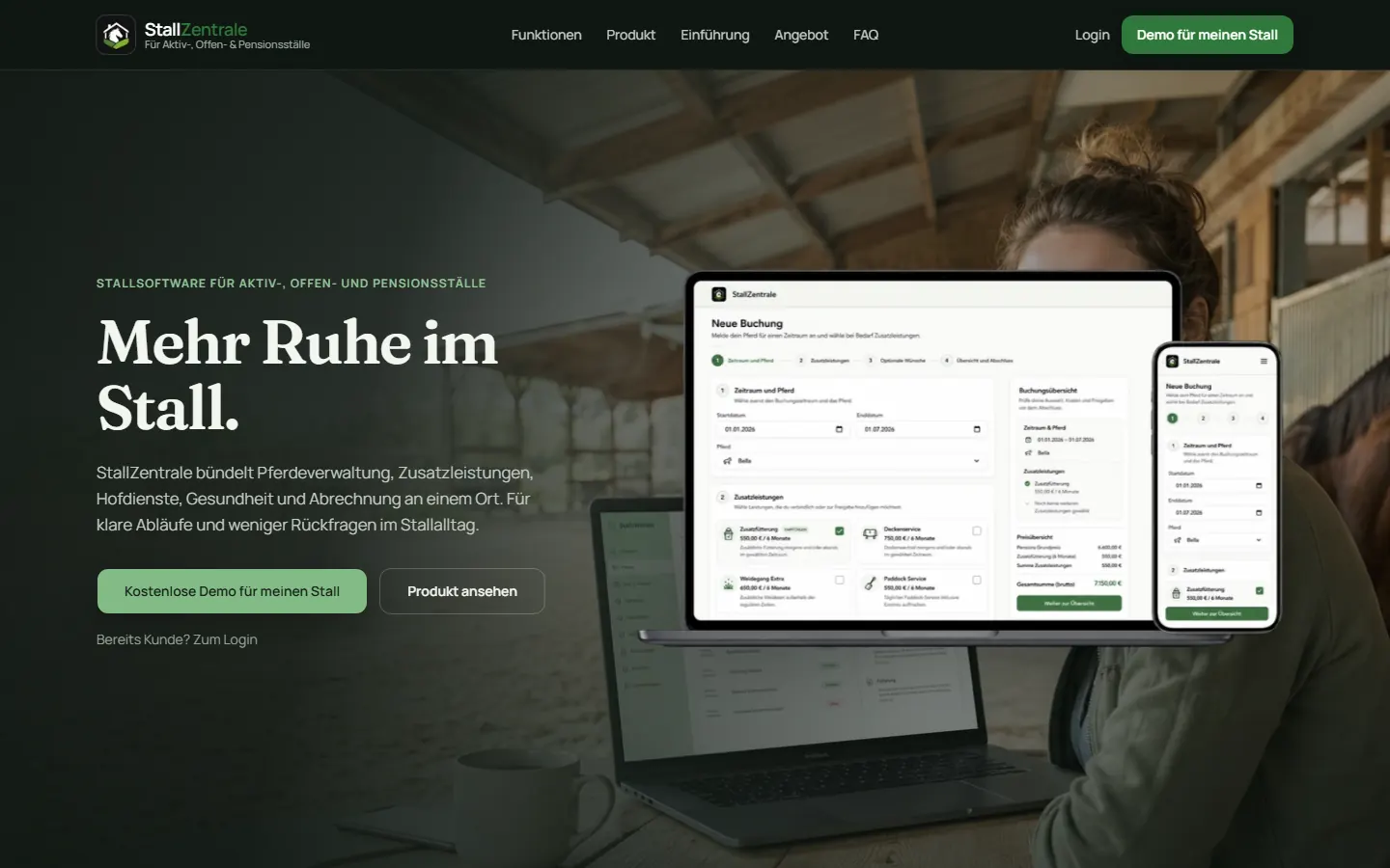 Stallzentrale: Produktseite mit Hero und App-Mockups
